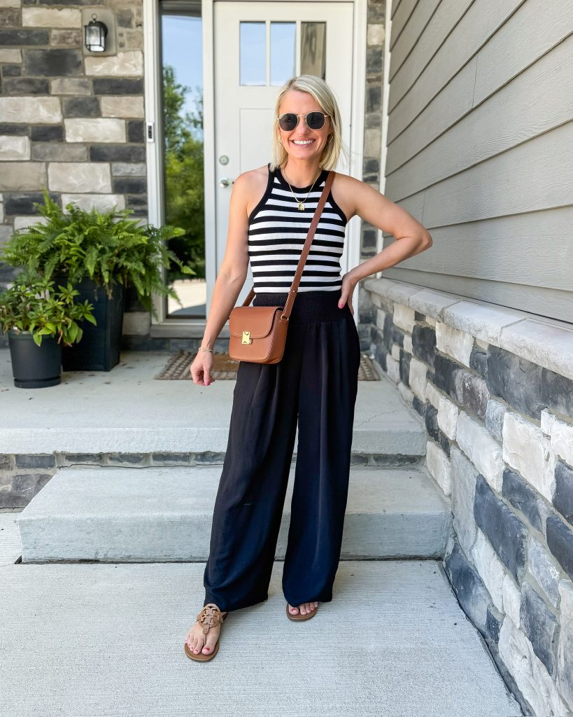 Easy Summer Mom Outfits striped tank and wide leg pants