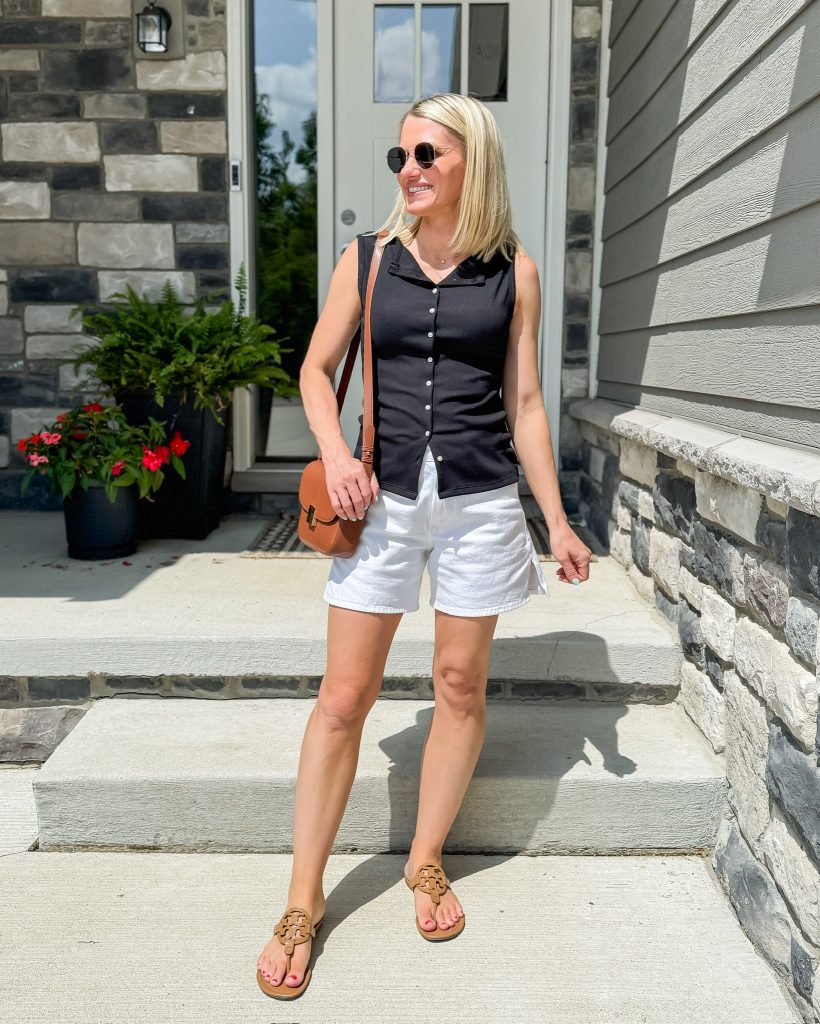 Easy Summer Mom Outfits black top and white shorts with tan sandals