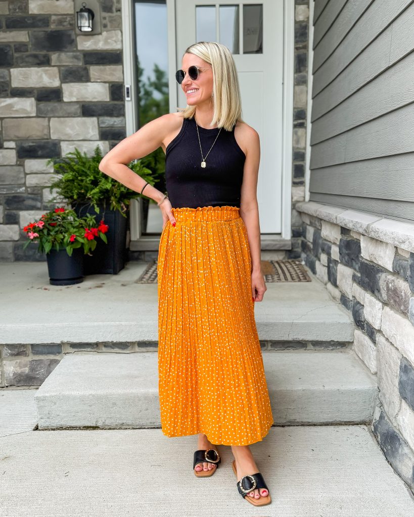 Easy Summer Mom Outfits black tank and orange maxi skirt