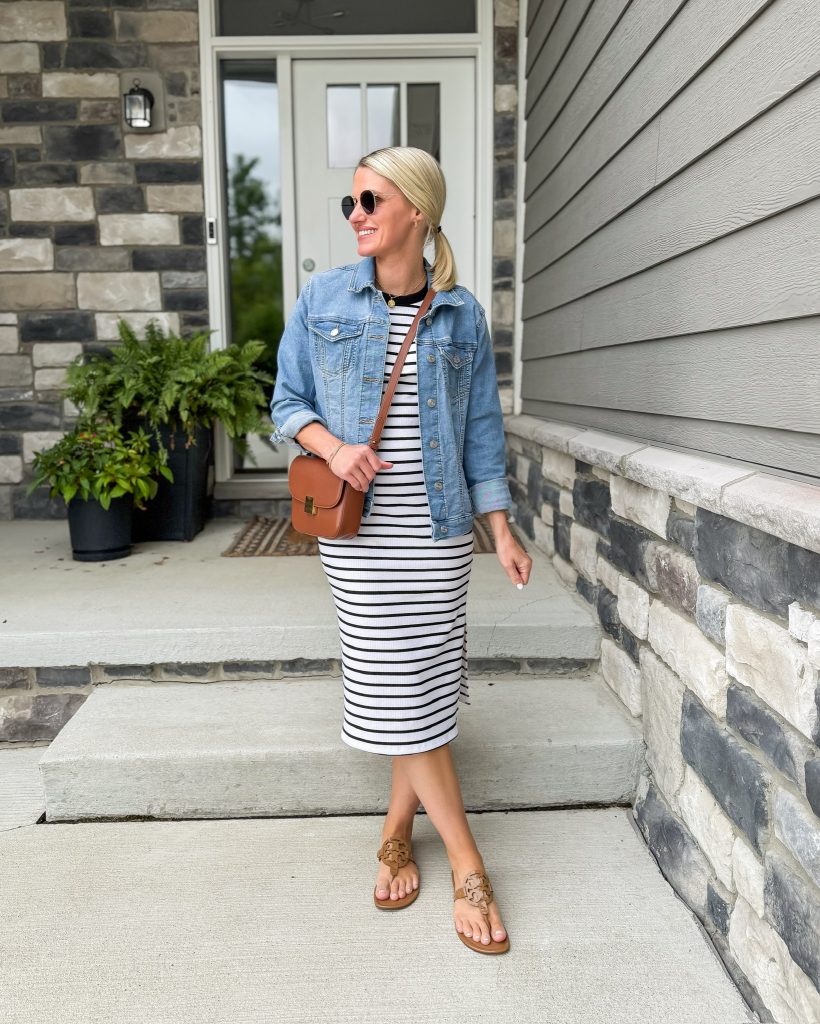 Easy Summer Mom Outfits striped maxi dress and denim jacket