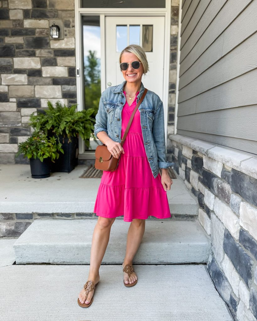 Easy Summer Mom Outfits hot pink dress and denim jacket