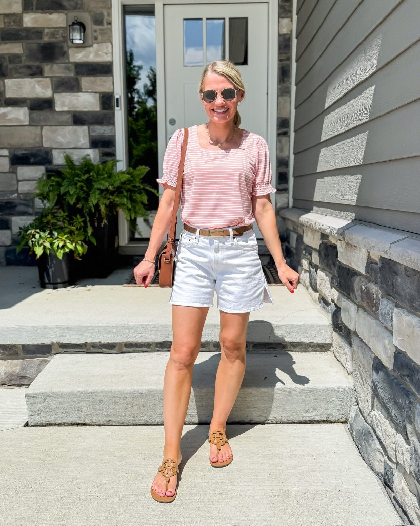Easy Summer Mom Outfits white shorts and striped top