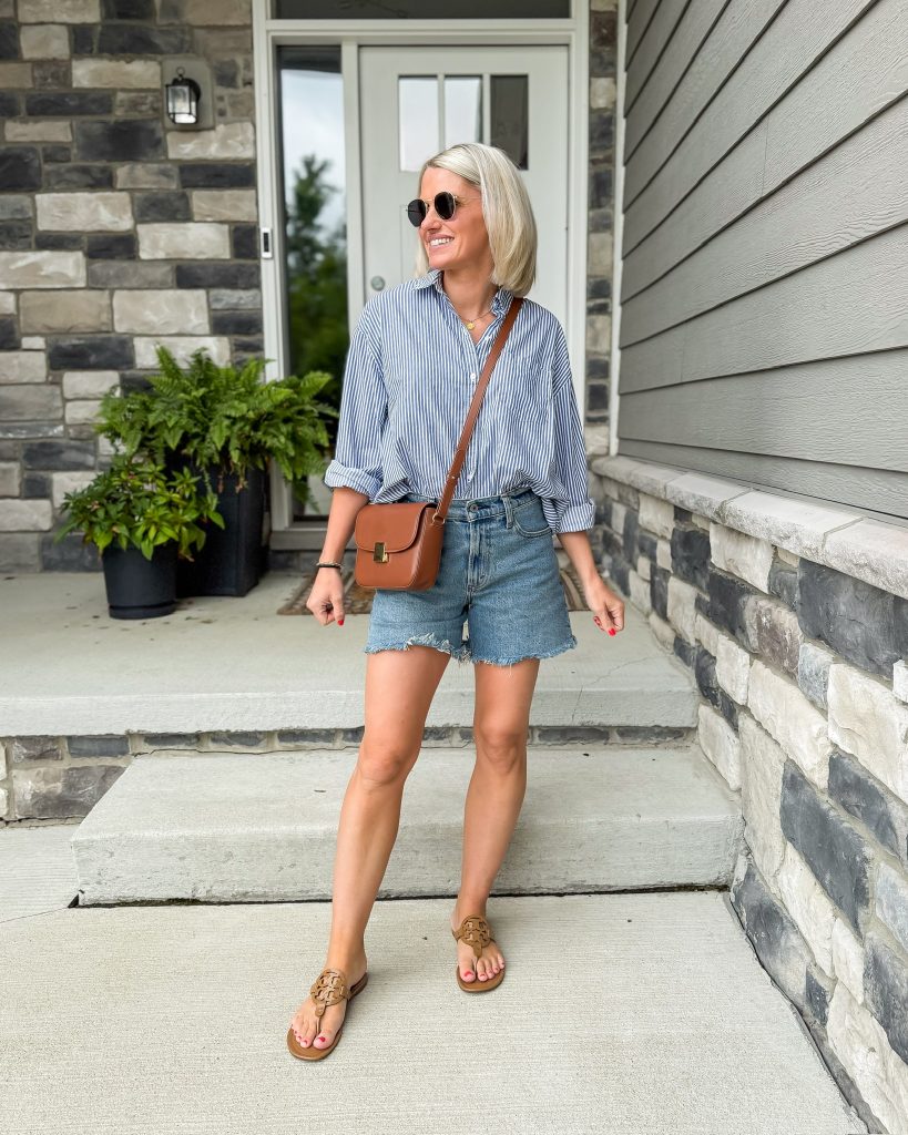 Summer Mom Outfits striped button down top and denim shorts