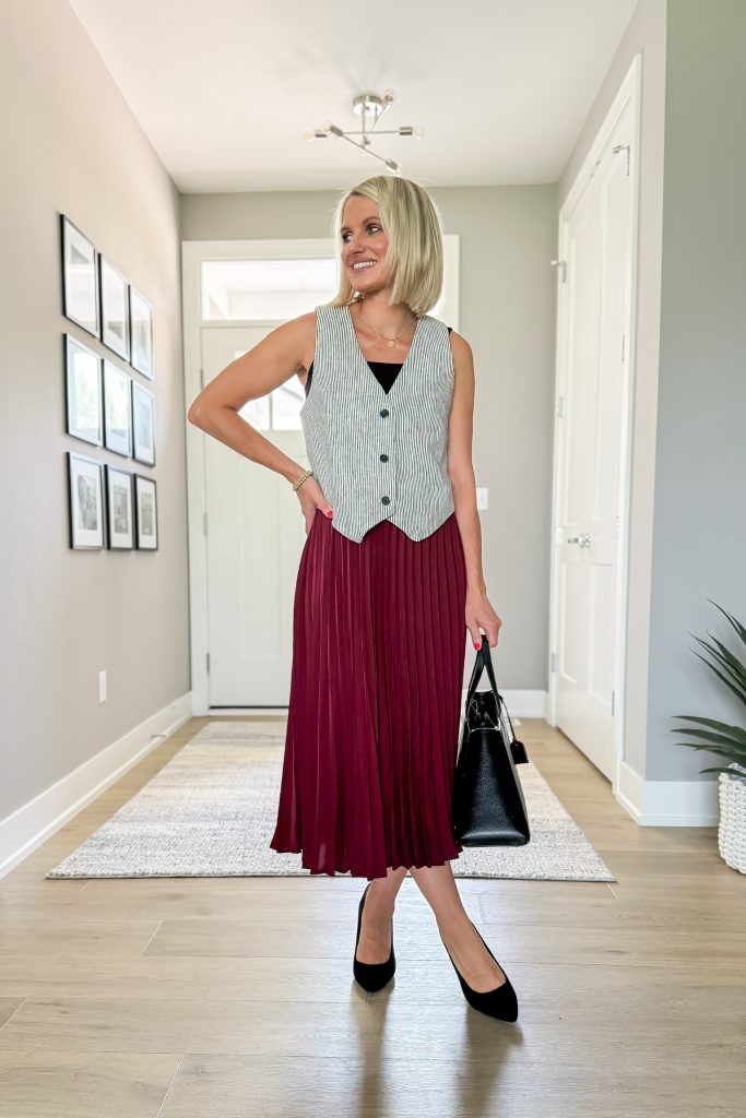 how to wear linen vest workwear for summer with heels and midi skirt