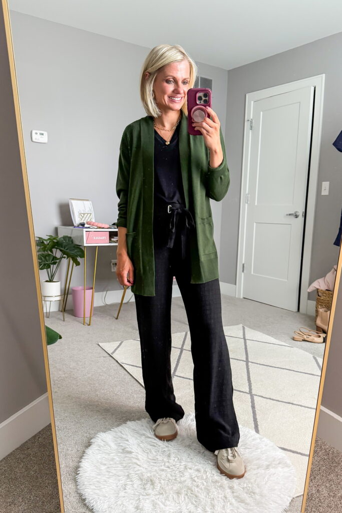 fall styles from 89th and madison drawstring waist pants and long cardigan