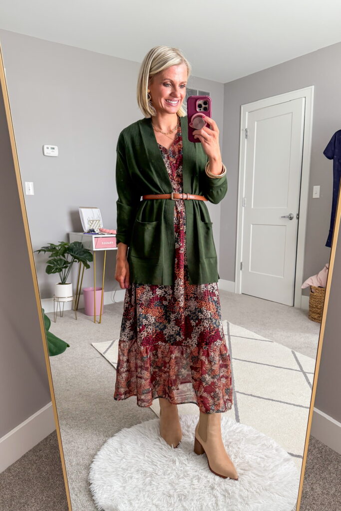 fall styles from 89th and madison maxi floral dress with long cardigan