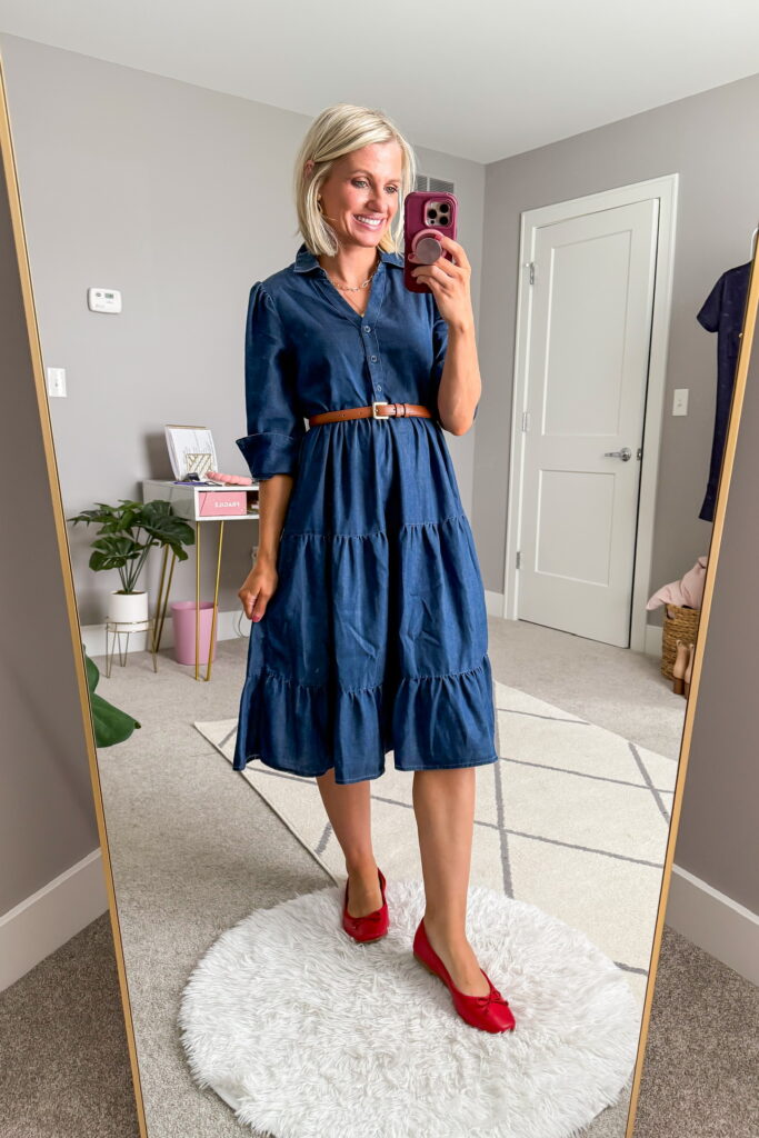 fall styles from 89th and madison button down midi dress with ballet flats