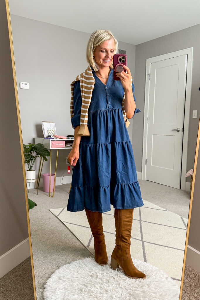 fall styles from 89th and madison denim midi dress with boots