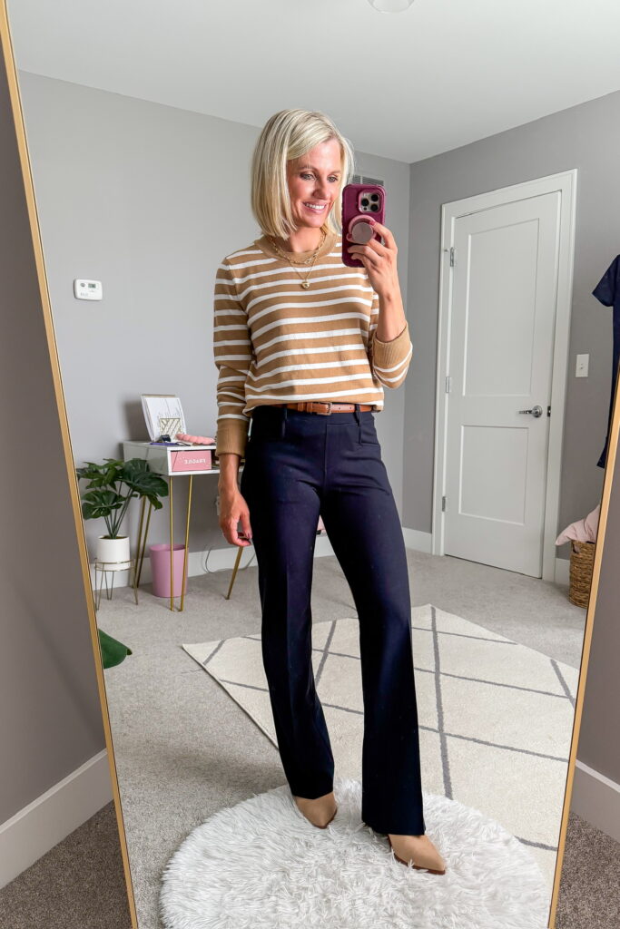 fall styles from 89th and madison demin flares with striped sweater