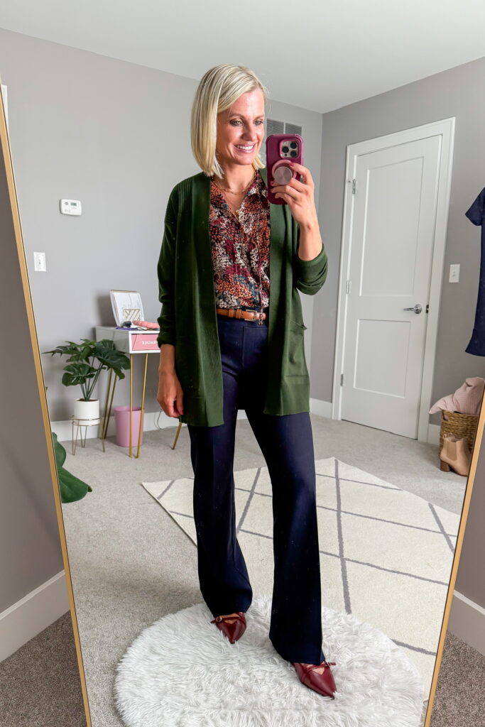 fall styles from 89th and madison denim flares with floral blouse and long cardigan