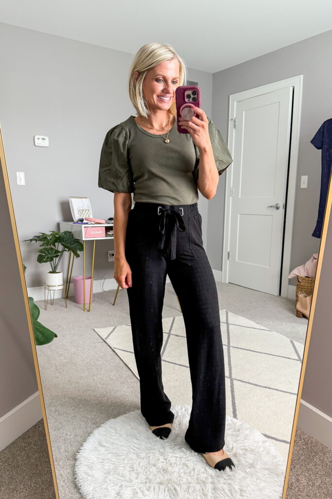 fall styles from 89th and madison drawstring waistband slacks and statement blouse