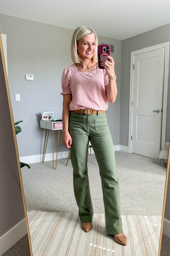 fall wardrobe refresh green pants and striped top