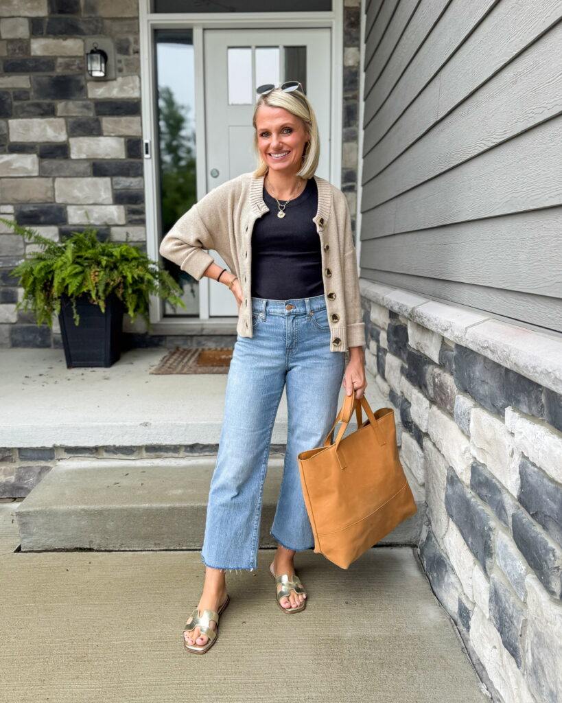 Fall wardrobe refresh cropped wide leg jeans and cardigan