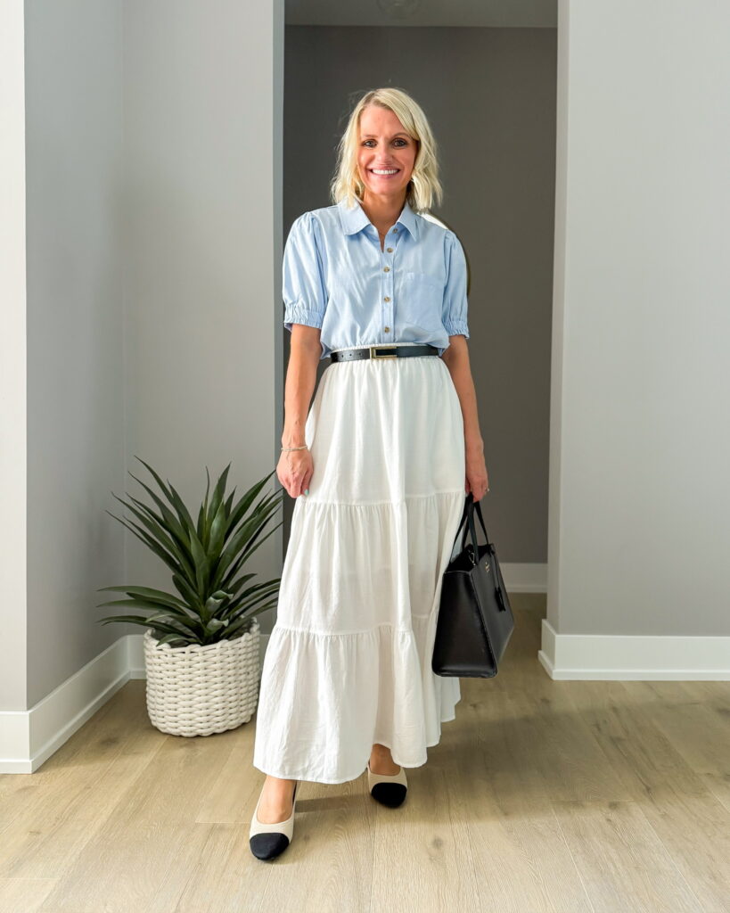 amazon fall workwear white maxi skirt short sleeved button down