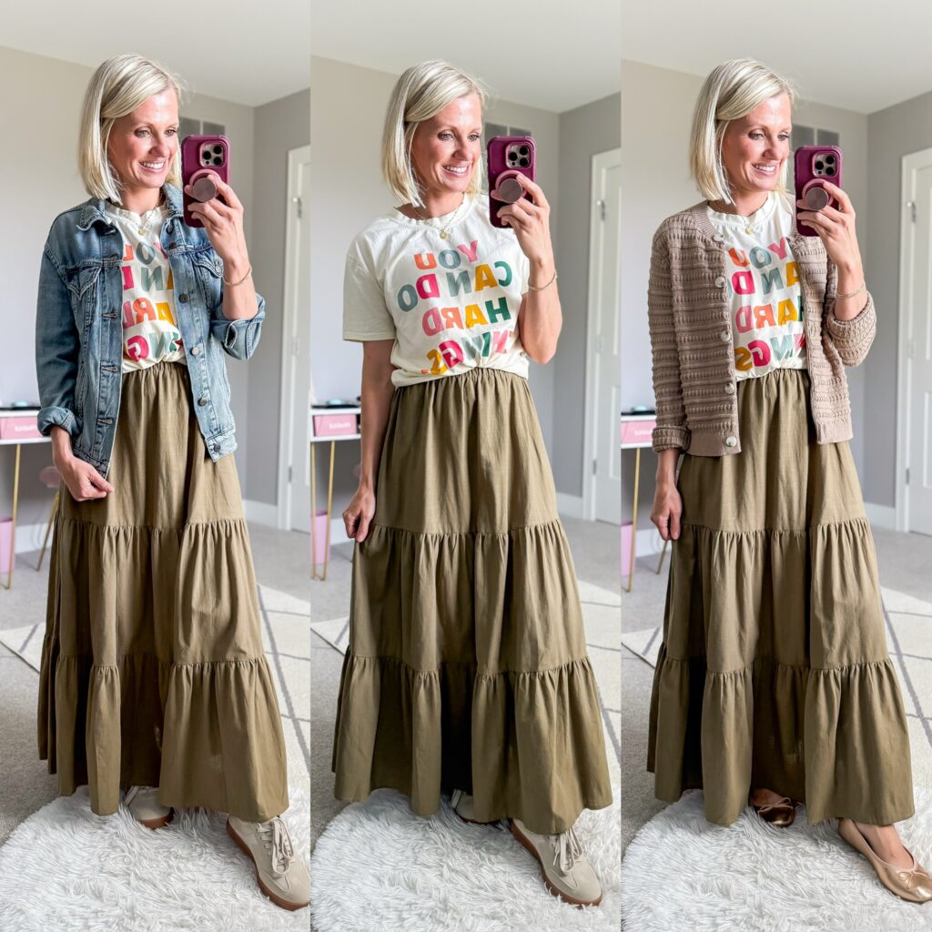 fall teacher capsule wardrobe three ways to style a tiered maxi skirt
