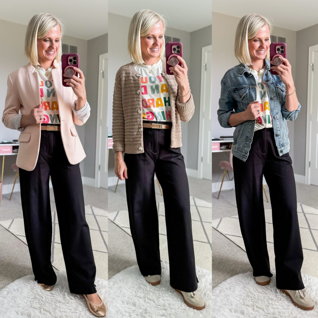 fall teacher capsule wardrobe how to style wide leg pants three different ways for teachers