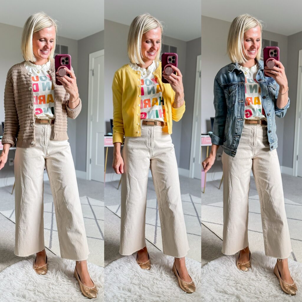 fall teacher capsule wardrobe three outfits all wearing the same graphic tshirt and cropped wide leg pants