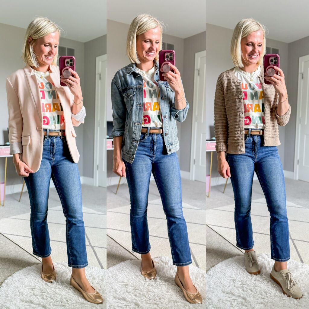 teacher capsule wardrobe three outfits wearing jeans for fall