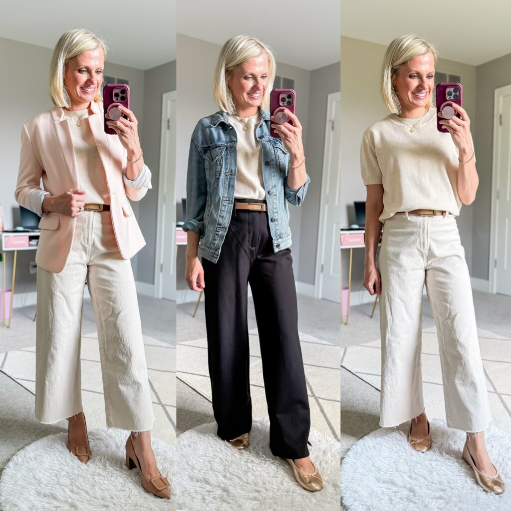fall teacher capsule wardrobe three outfits with a short sleeved sweater