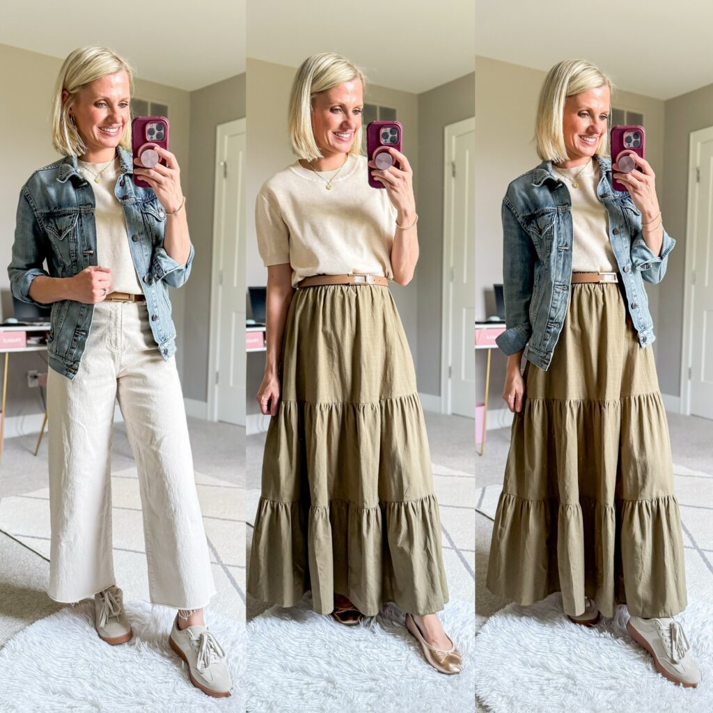 fall teacher capsule wardrobe three outfit ideas for teachers using neutral color palette