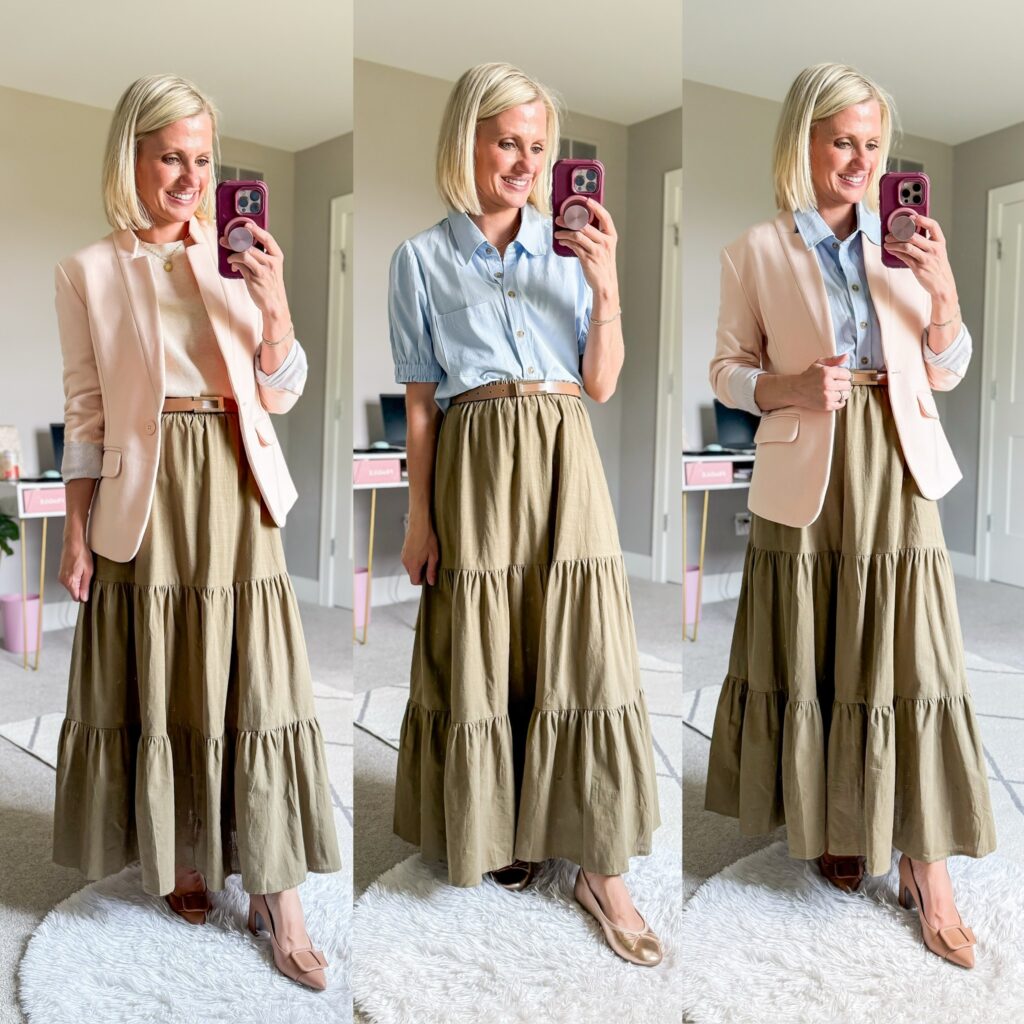 fall teacher capsule wardrobe three outfits with a maxi skirt