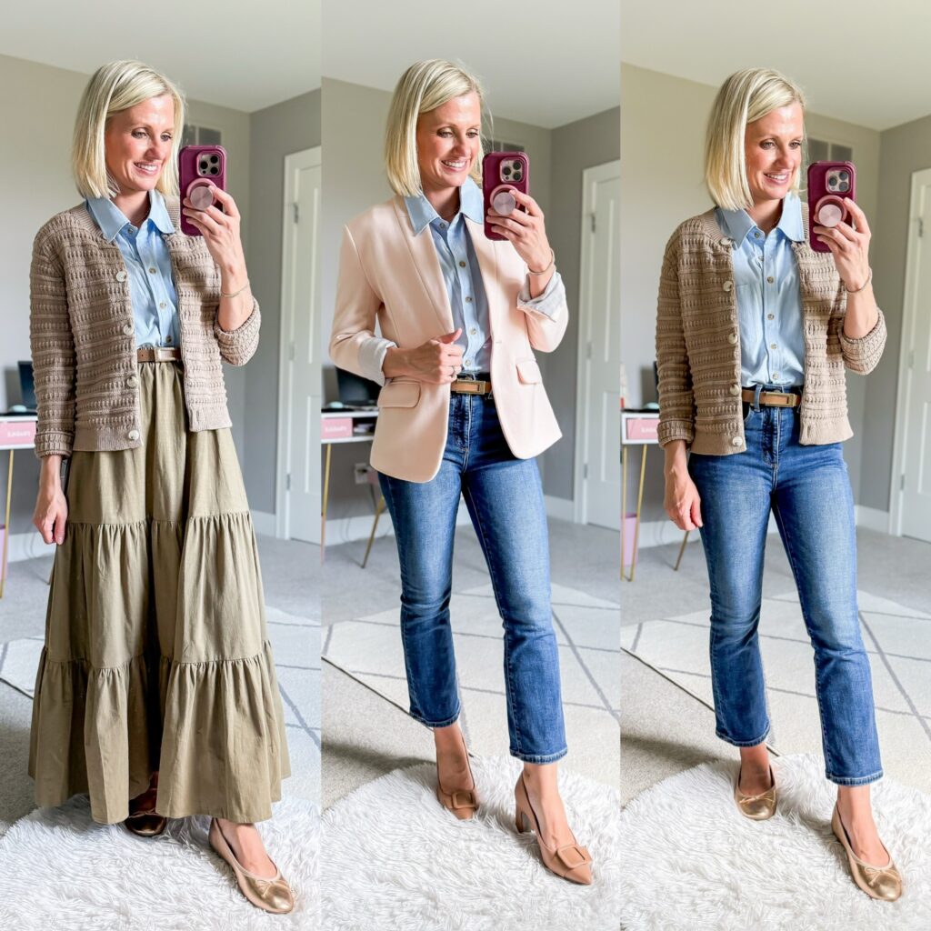 fall teacher capsule wardrobe three outfits with a blue button down shirt