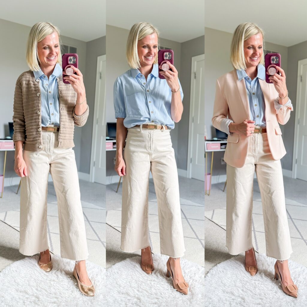 fall teacher capsule wardrobe three outfits with cropped wide leg pants
