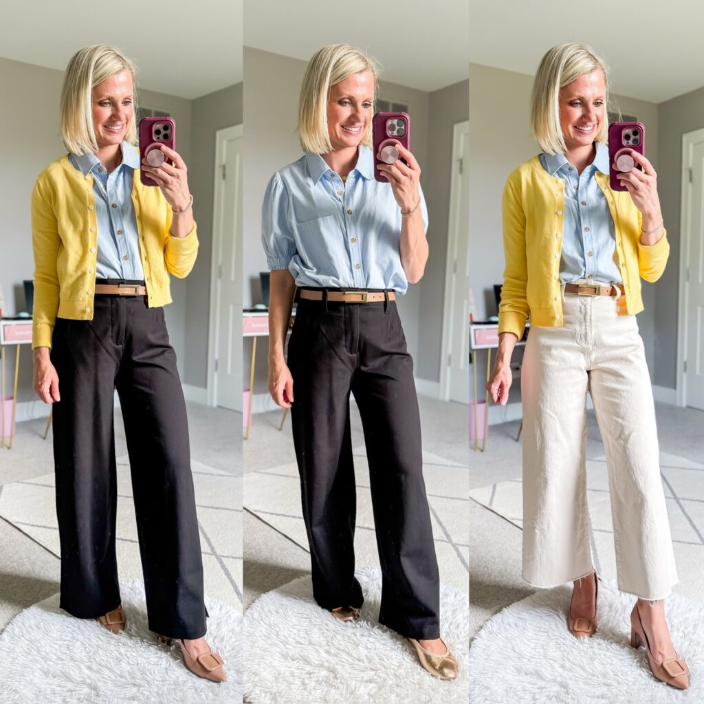 fall teacher capsule wardrobe outfit ideas using a blue button down shirt