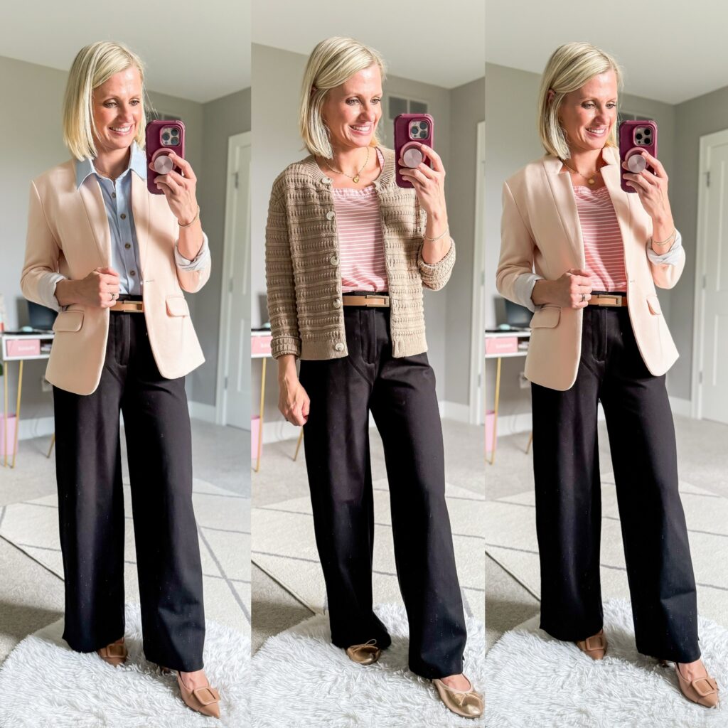 fall teacher capsule wardrobe three workwear outfit ideas