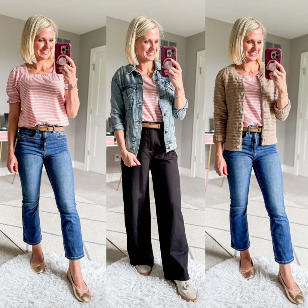 fall teacher capsule wardrobe three outfit ideas with a striped statement top