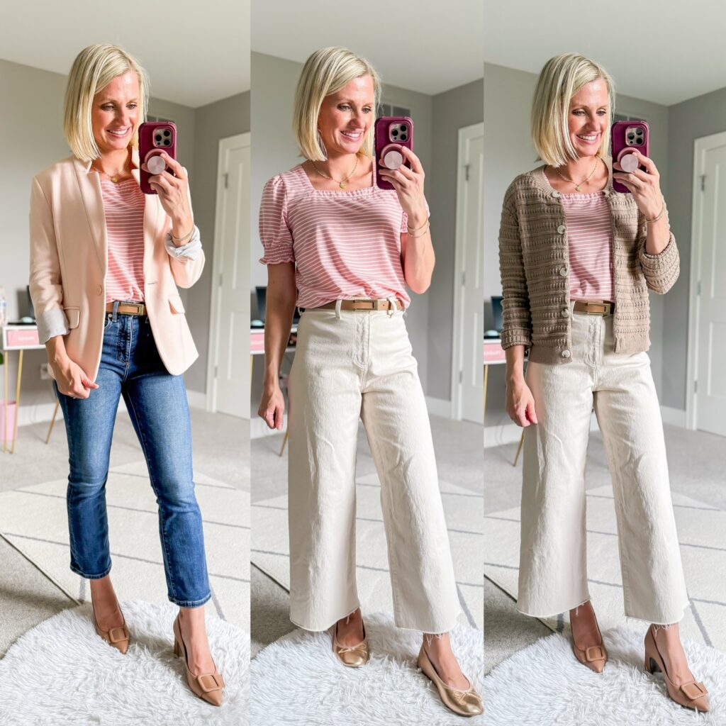 fall teacher capsule wardrobe three outfit ideas with a striped top