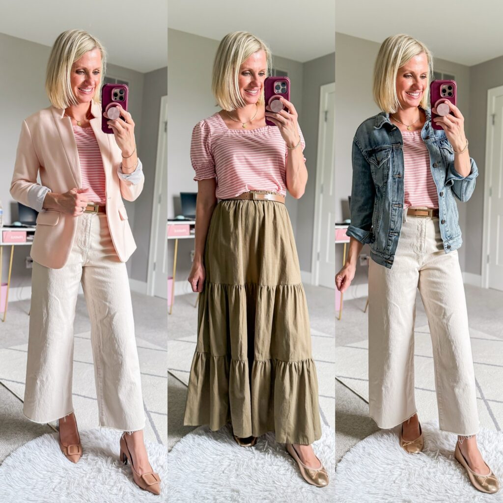 fall teacher capsule wardrobe three outfit ideas with a puff sleeved striped top