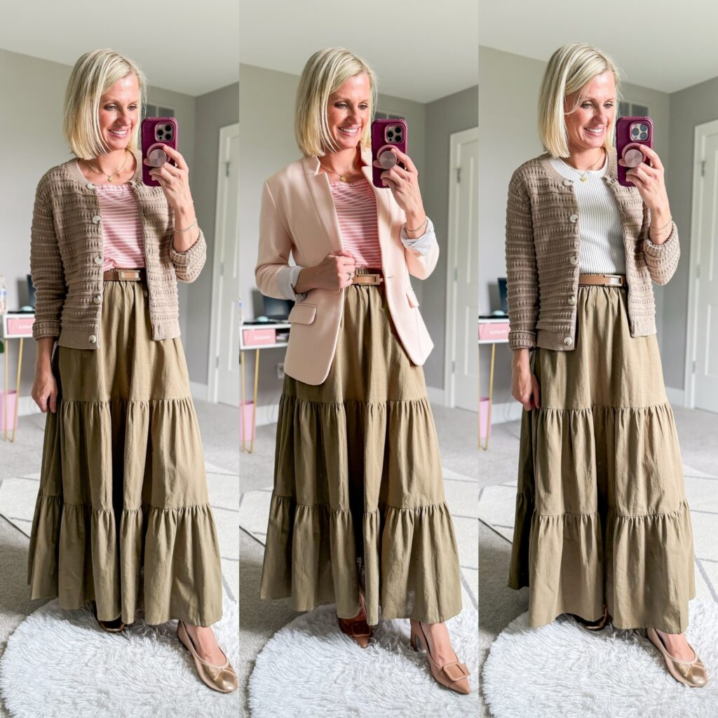 fall teacher capsule wardrobe three outfit ideas with a tiered olive green skirt