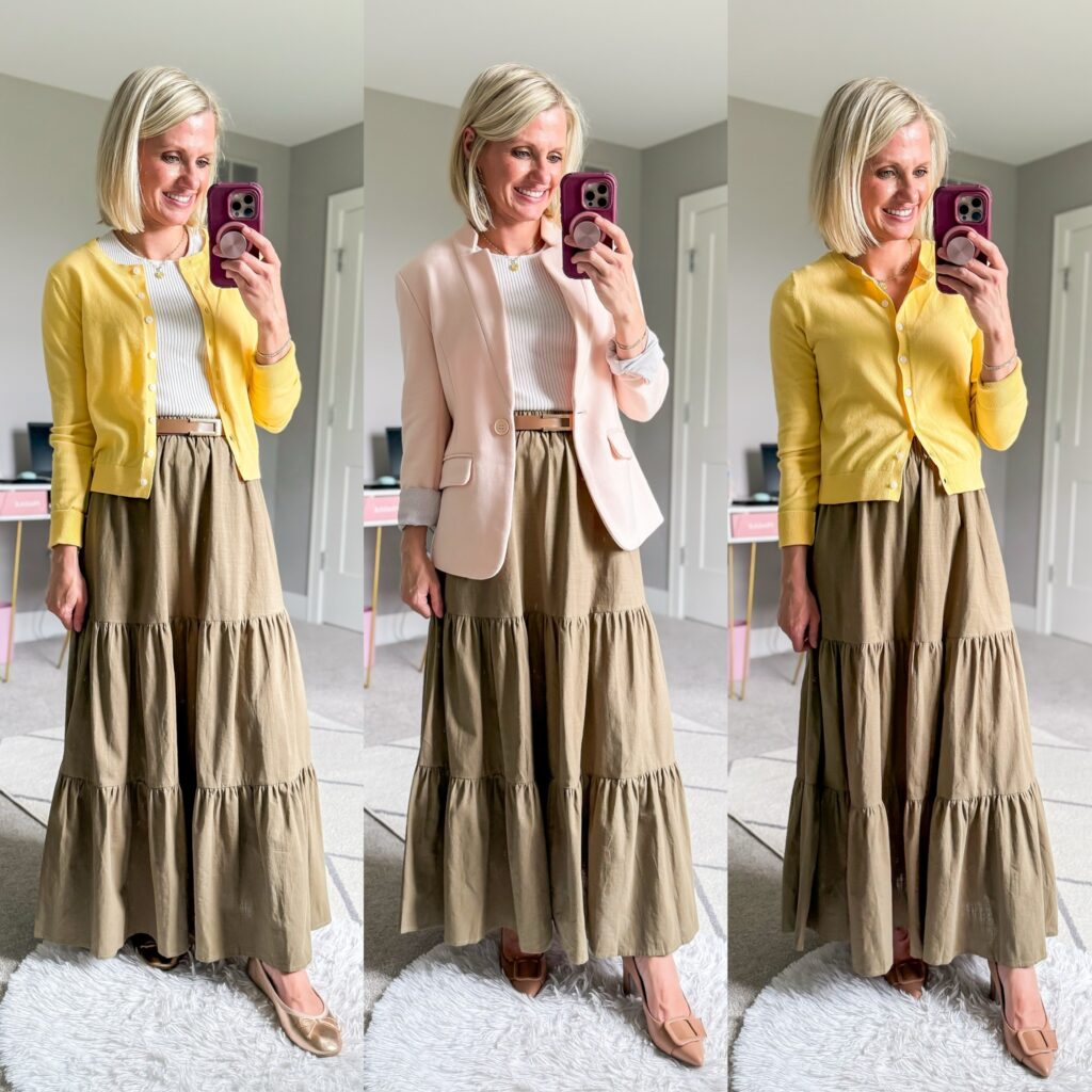 fall teacher capsule wardrobe three outfit ideas with a tiered maxi skirt