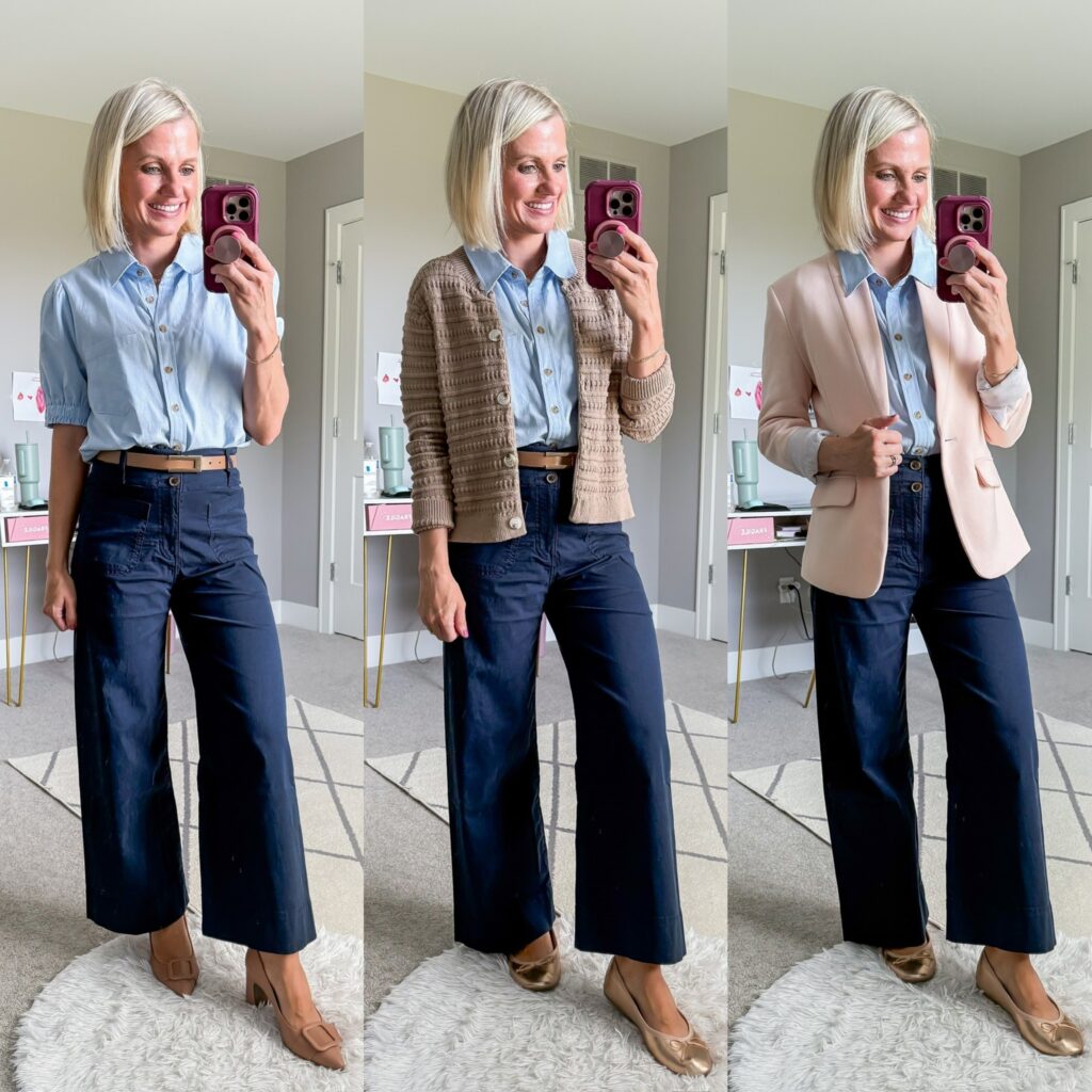 fall teacher capsule wardrobe three outfit ideas using navy pants and button down shirt