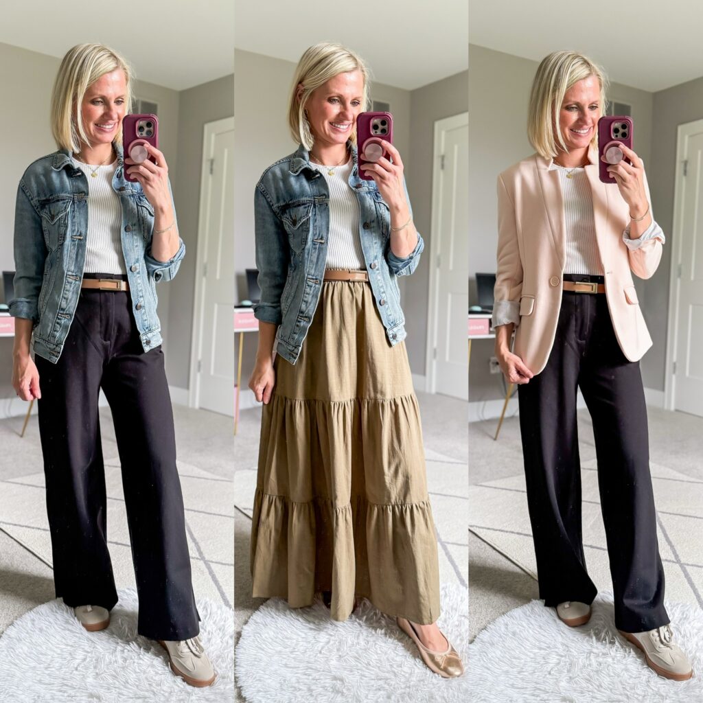 fall teacher capsule wardrobe three outfit ideas with a basic white tshirt