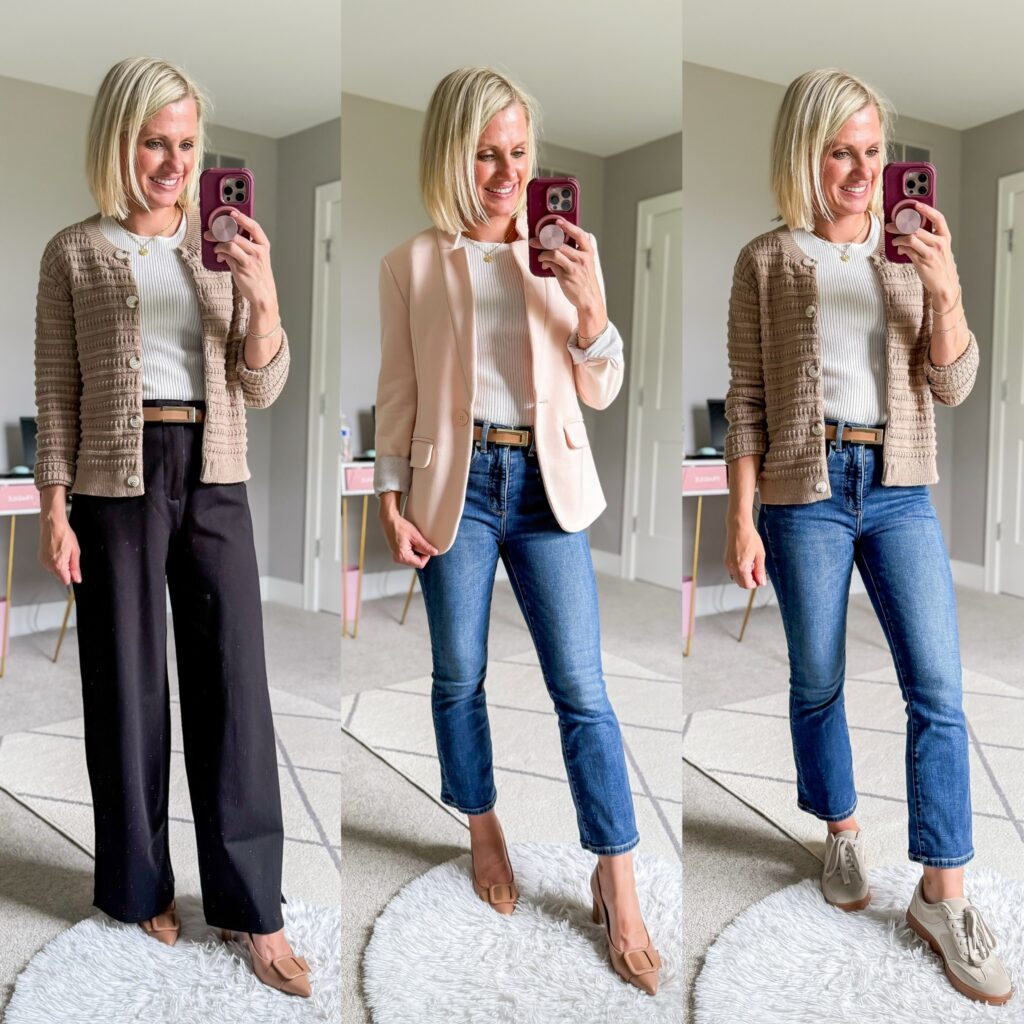 fall teacher capsule wardrobe three outfit ideas with a white basic tshirt