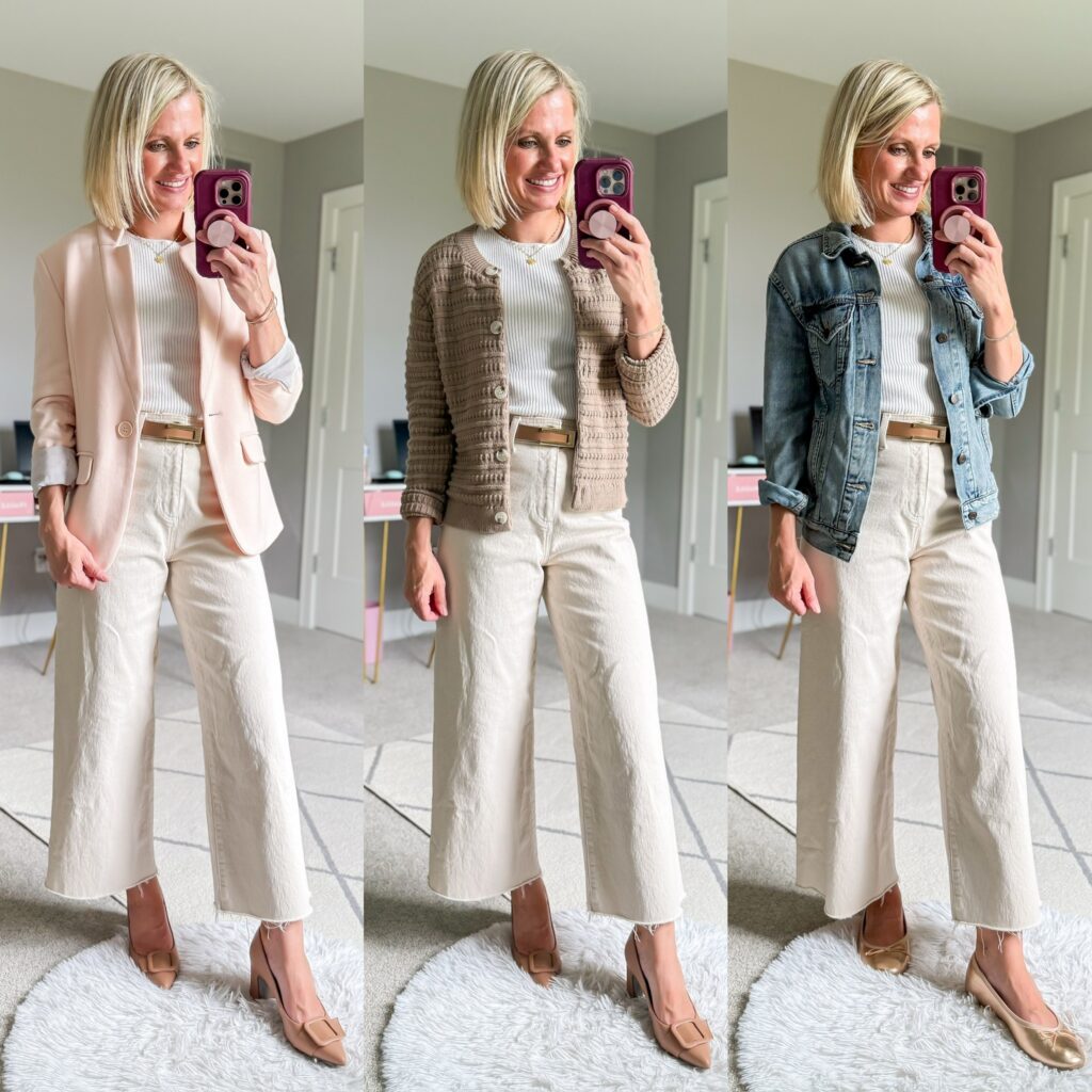 fall teacher capsule wardrobe three outfit ideas with cropped white denim pants