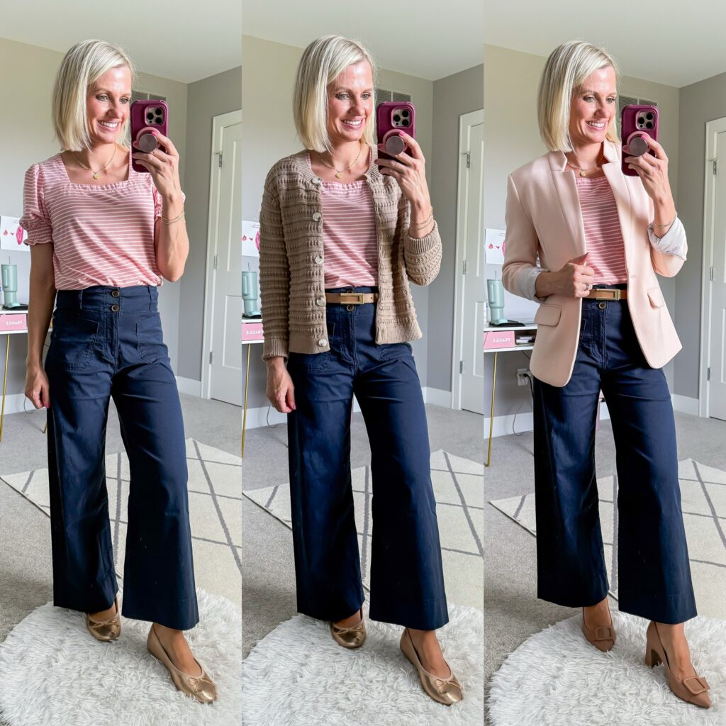 fall teacher capsule wardrobe how to style navy wide leg pants three ways