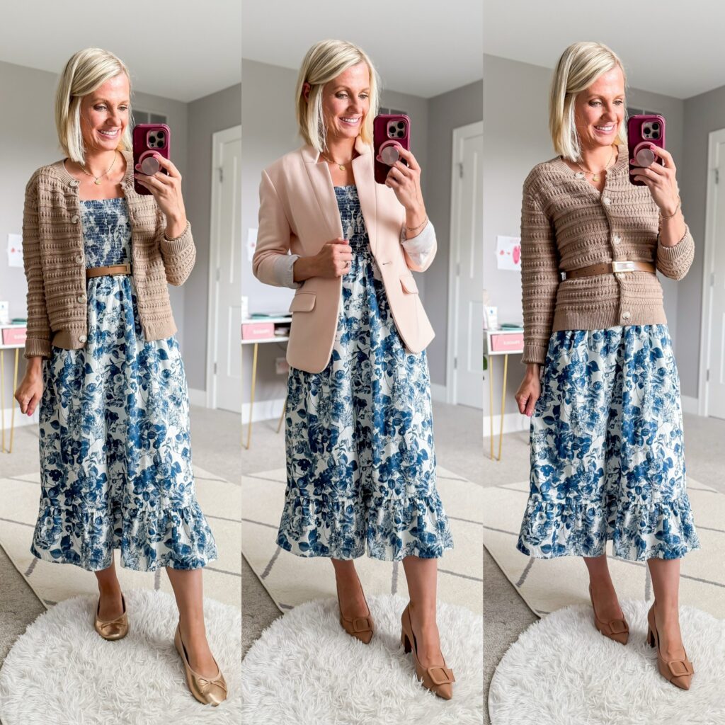 fall teacher capsule wardrobe how to style a floral dress three different ways