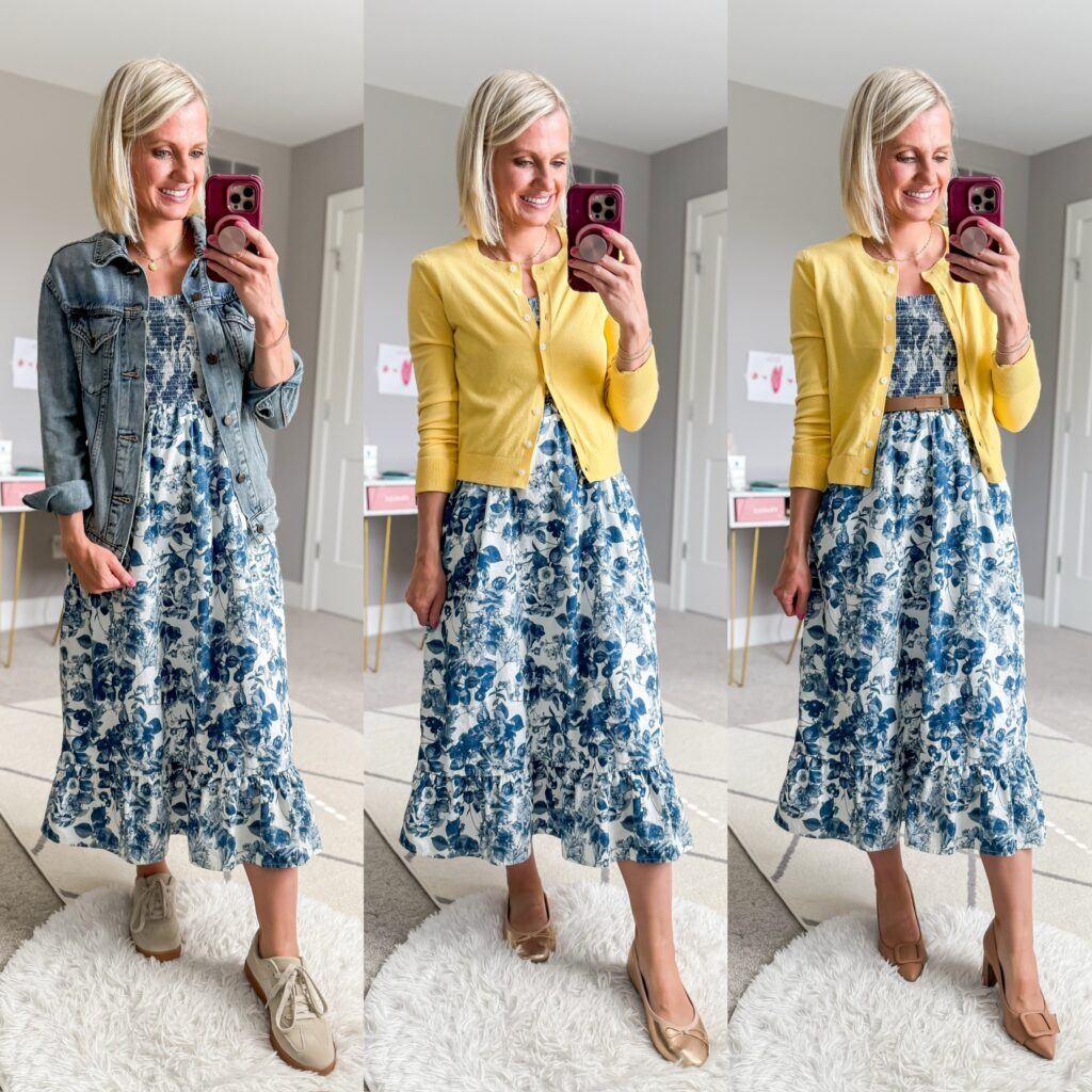 fall teacher capsule wardrobe three ways to style a floral midi dress for fall