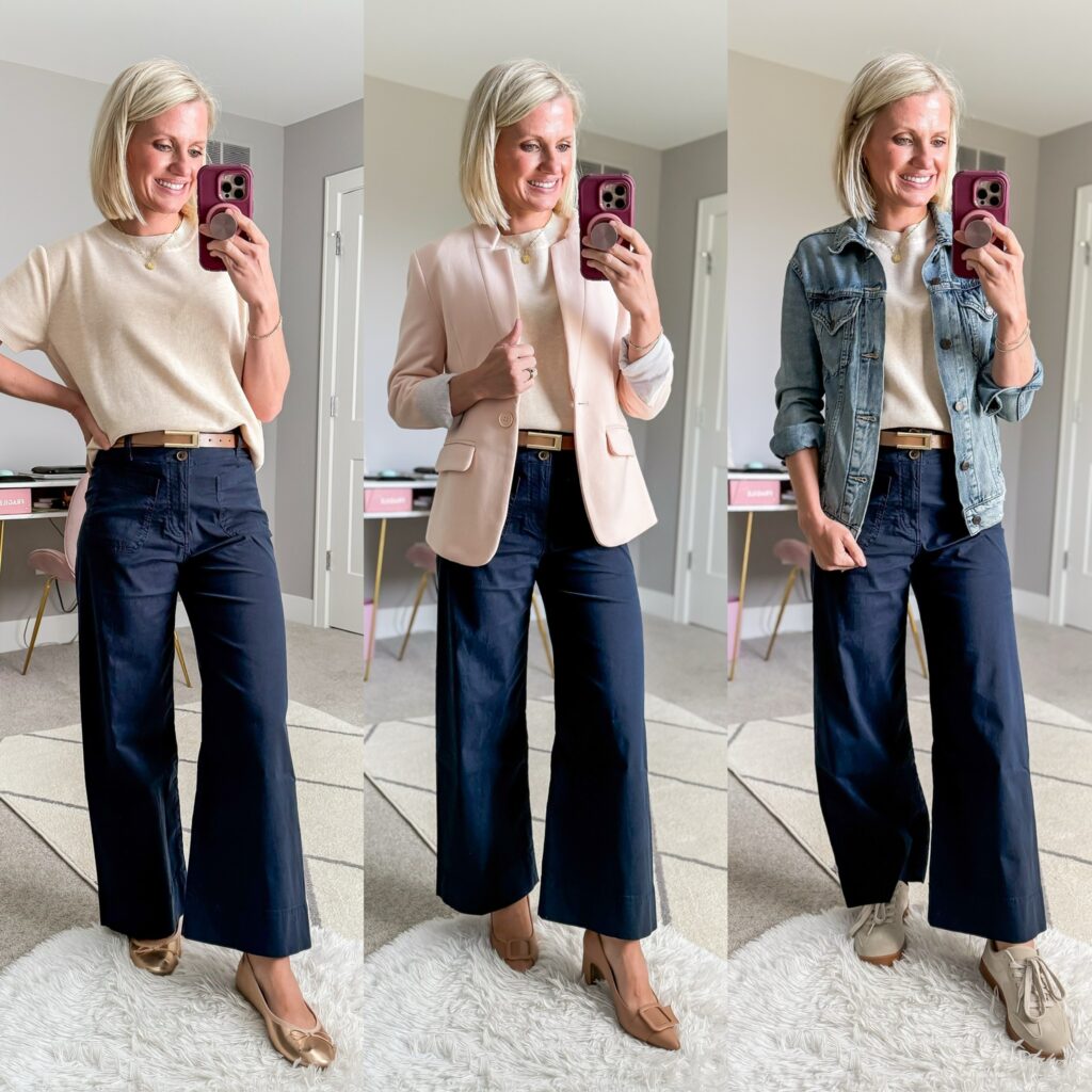 teacher capsule wardrobe three ways to style a short sleeved sweater and trousers