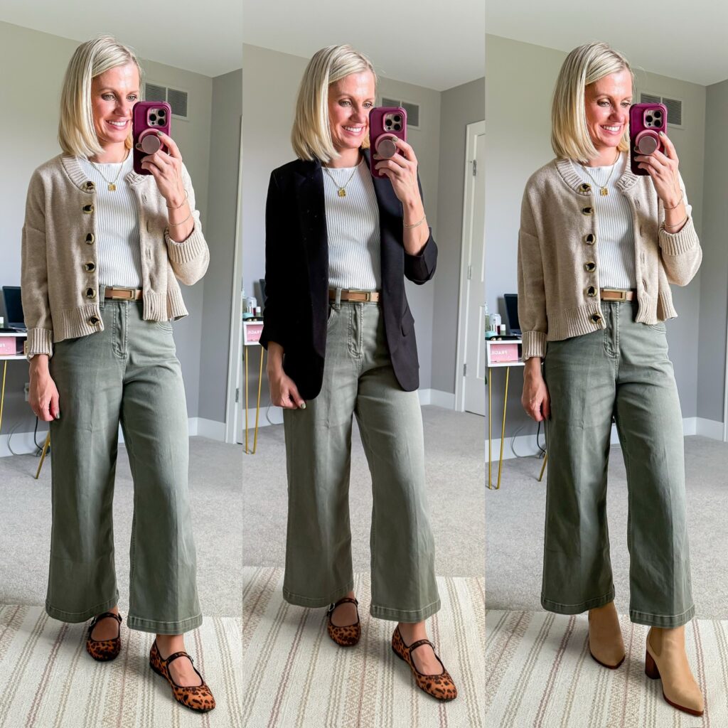 fall capsule wardrobe how to wear green wide leg pants
