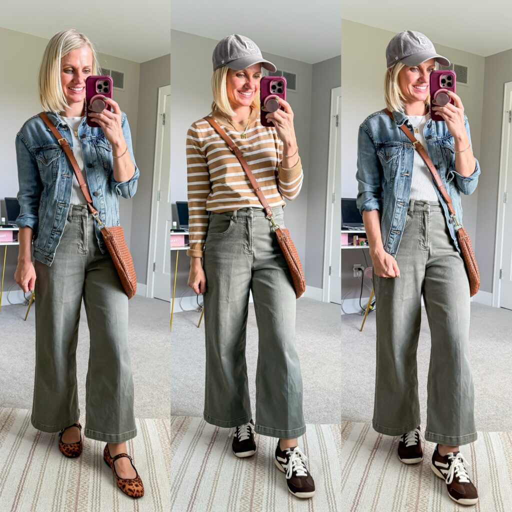 fall capsule wardrobe 2025 outfit ideas for moms with green wide leg pants