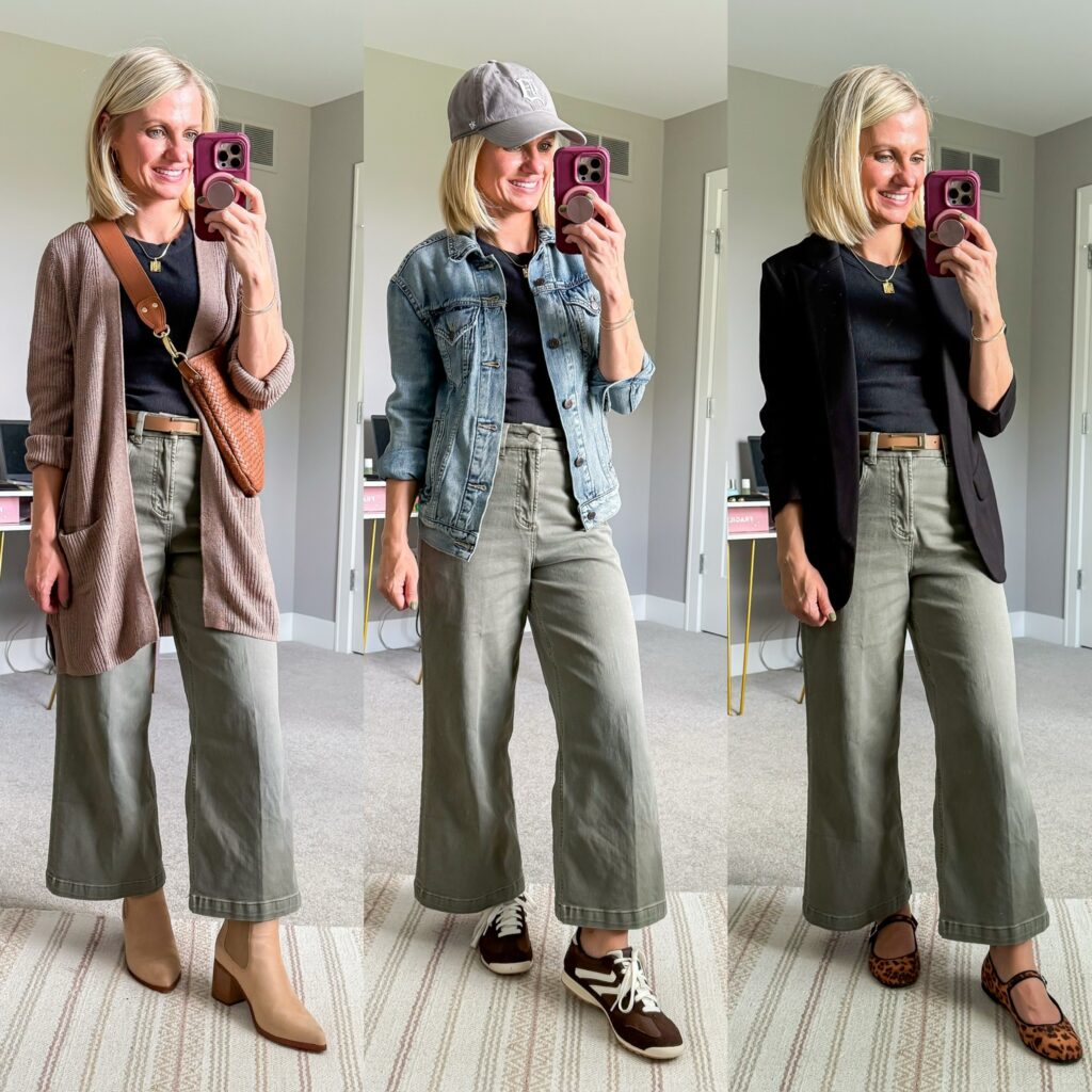 fall capsule wardrobe green wide leg pants outfits
