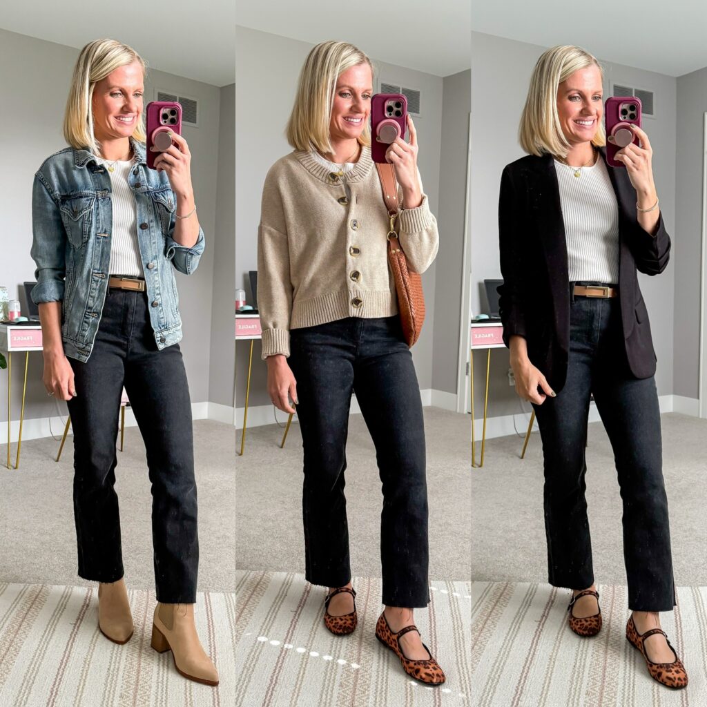 fall capsule wardrobe three outfit ideas with black jeans