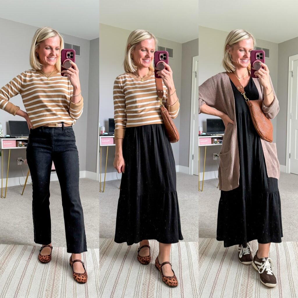 fall 2025 capsule wardrobe outfir ideas with a black dress or pants