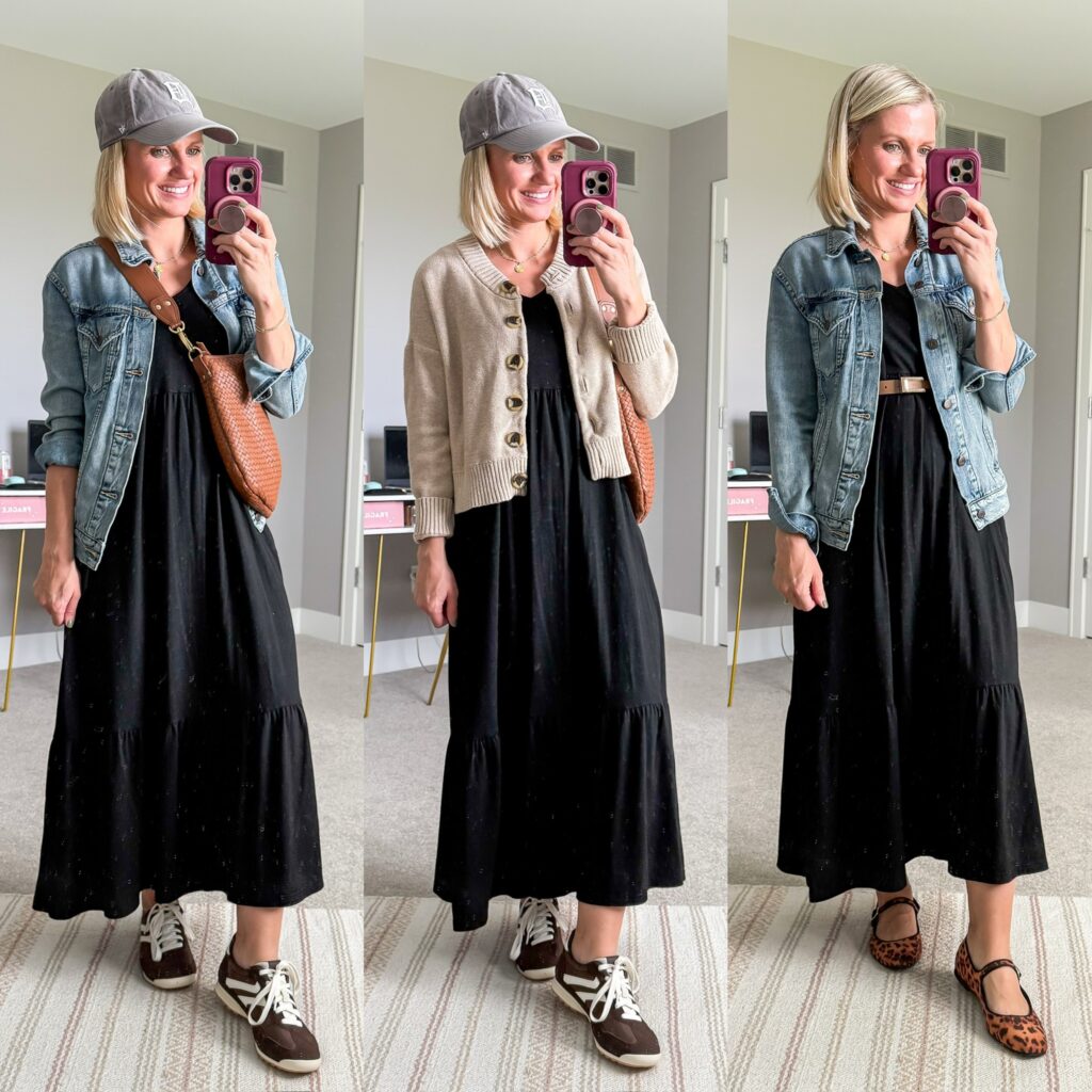 fall 2025 capsule wardrobe three outfit ideas with a long black dress