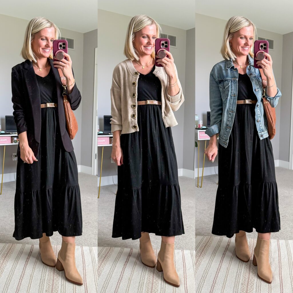 fall 2025 capsule wardrobe three outfit ideas with a black dress