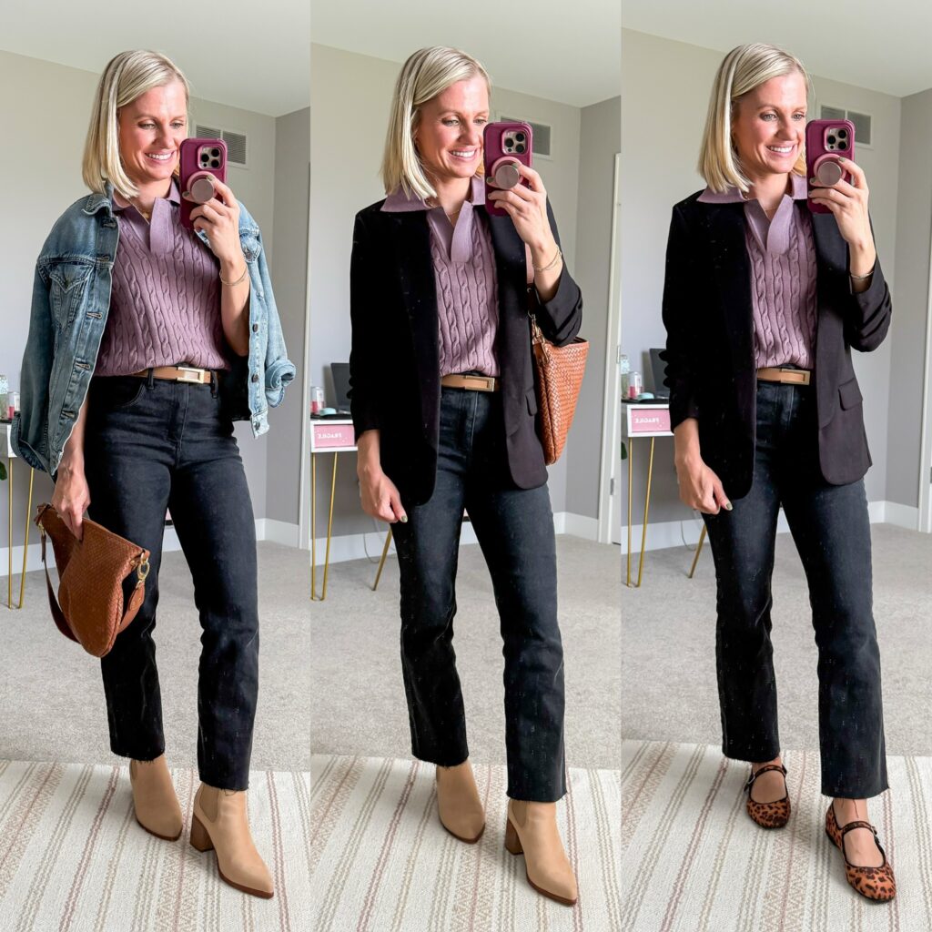fall 2025 capsule wardrobe three outfit ideas for moms with black jeans and short sleeved sweater